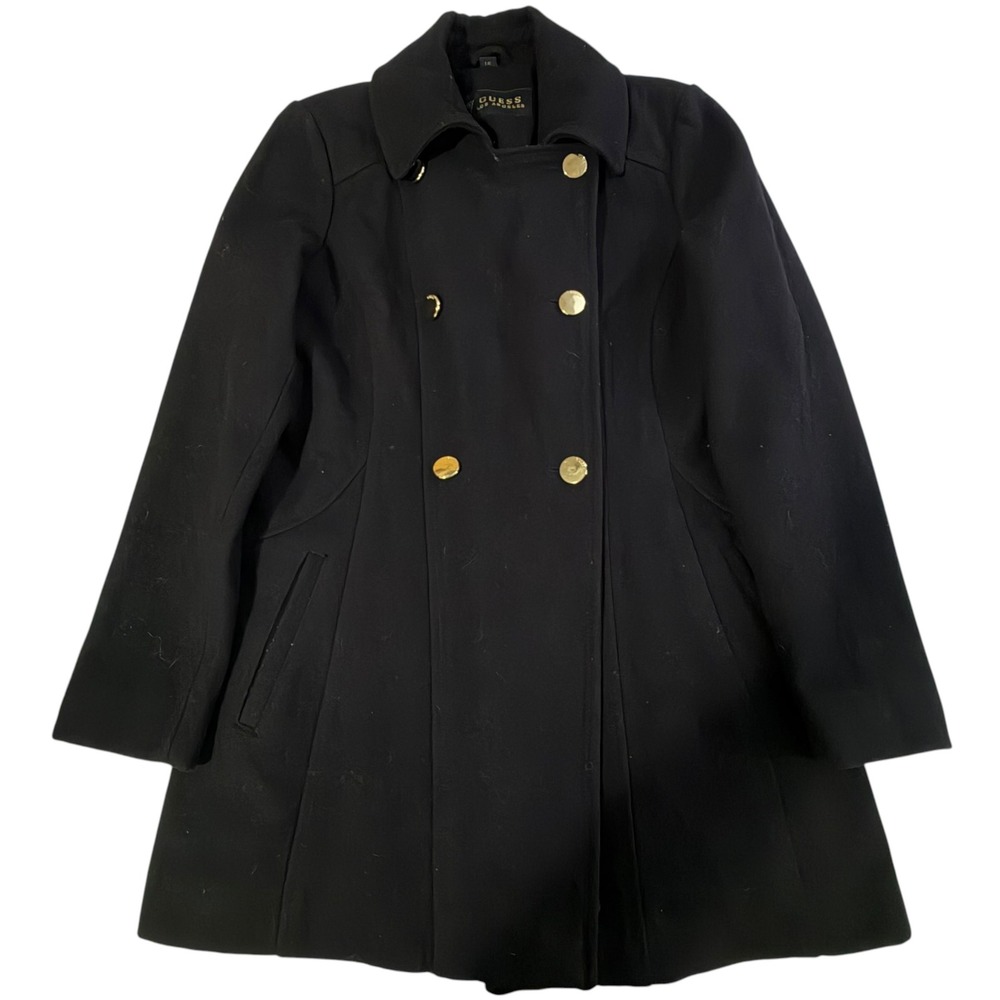 Guess Los Angeles Womens Black Wool Blend Pea Coat Gold Buttons L MW689